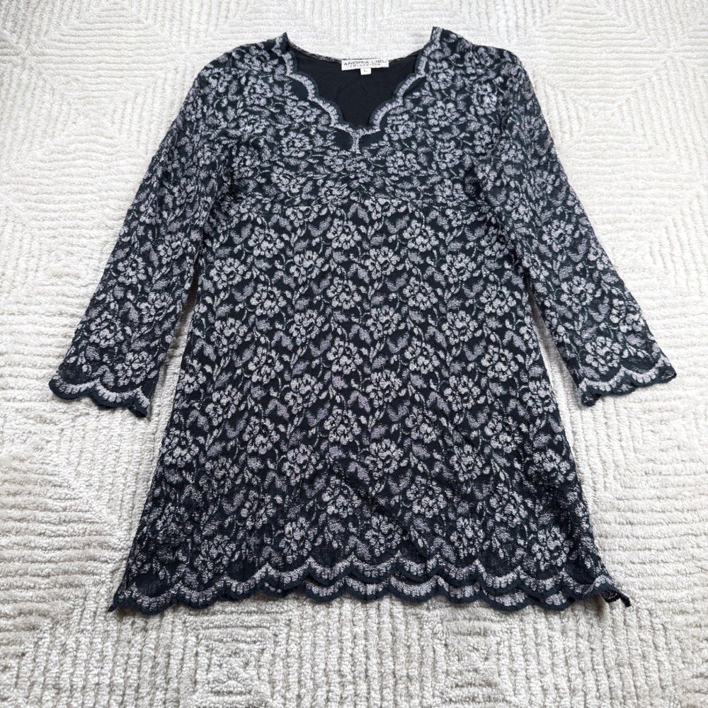 Andria Lieu Floral Lace Tunic Women's Large Black Silver Vintage Whimsigoth VTG